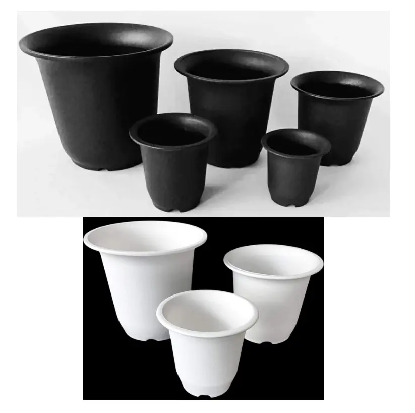 BLACK / WHITE PLASTIC BELL POT - 5 SIZES